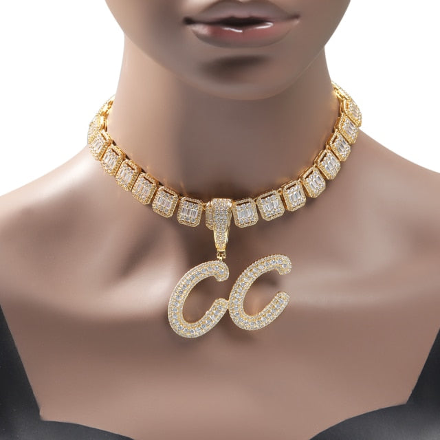 Custom Two Tone Pendant Name Necklace Cursive Letters Iced Out Cubic Zirconia Baguette Chain