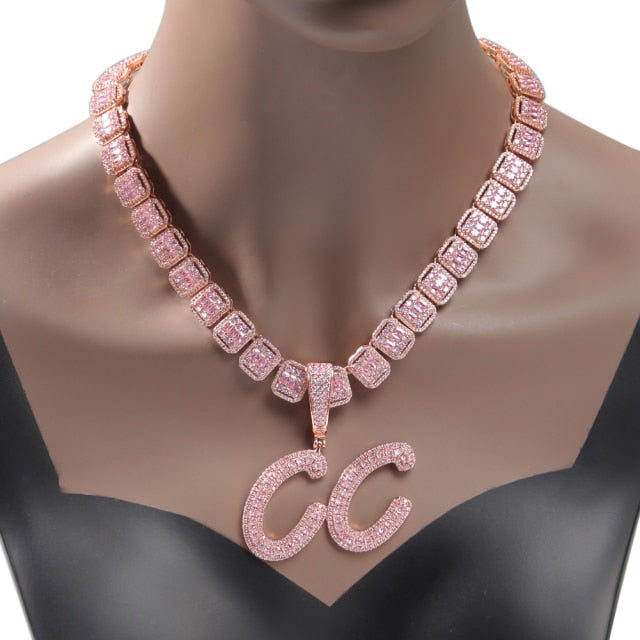 Custom Two Tone Pendant Name Necklace Cursive Letters Iced Out Cubic Zirconia Baguette Chain