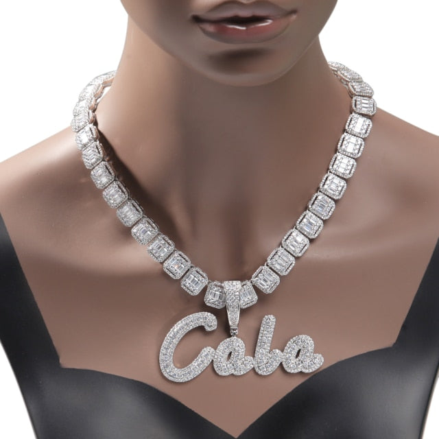 Custom Two Tone Pendant Name Necklace Cursive Letters Iced Out Cubic Zirconia Baguette Chain